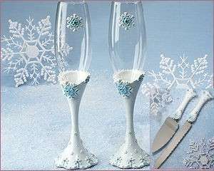 Winter Snowflake Wedding Flutes Cake Knife/Server Set  