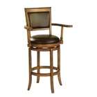   finish wood swivel bar stools with black vinyl padded seat and arms