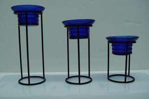 BLACK METAL WITH COUNTRY BLUE TEALIGHT HOLDERS SET OF THREE  