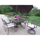   Seven Piece Dining Set with Swivel Chairs, Cushions and Umbrella Set