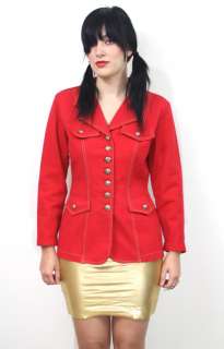 Vtg 70s Red SKINNY FIT Mod Gold BUTTON Tailored Military HIPPIE Jacket 