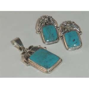  Navajo Sterling Silver Turquoise Pendant and Earrings Set 