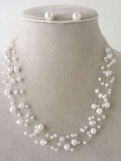 SIX ROW WHITE FAUX PEARL INVISIBLE CORD NECKLACE SET  