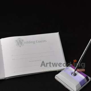 Satin White Rhinestone Bow Ring Pillow Basket Guest Book and Pen Set 