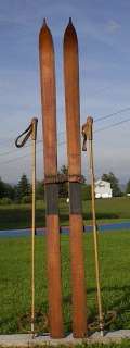 VINTAGE Wooden Skis 70 Long + OLD Bamboo Poles ANTIQUE  