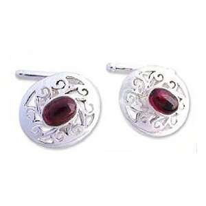 Sterling Silver and Red Garnet Cufflinks, Royal Red Rose 0.6 W 1.2 
