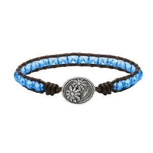  Sterling Silver Aster Leather Bracelet with Blue Crystal 