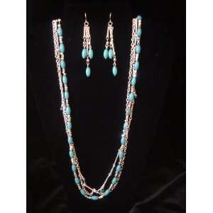  Silver Necklace w/Turquoise Beads and Matching Earrings 