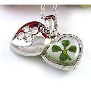  Lucky 4 Leaf Real Clover Shamrock Heart Necklace n568 