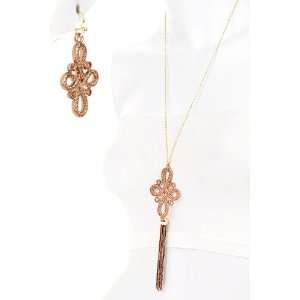 Copper and Goldtone Threaded Wire Design Tassel Necklace 