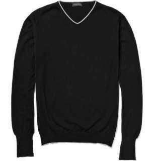 John Smedley Arthur Cotton V Neck Sweater with Tipping Detail  MR 