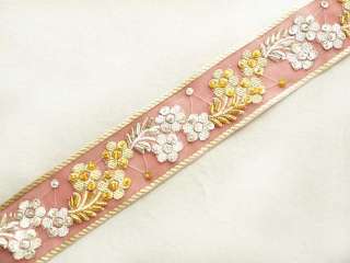 Hand Beaded, Jacquard Trim. Floral Bouquet. Pink, Gold,  
