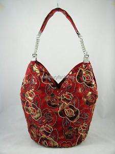 Fashion Red Beaded Florals Shoulder Bag Hobo Suede LK  