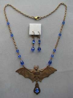 VAMPIRE bat BLUE glass NECKLACE and EARRINGS goth  