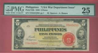 PHILIPPINES 1936 5 PESO WAR DEPT ISSUE P 83b PMG VF 25  