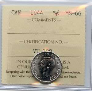 1944 Canada 5 Cent ICCS Graded MS 66  
