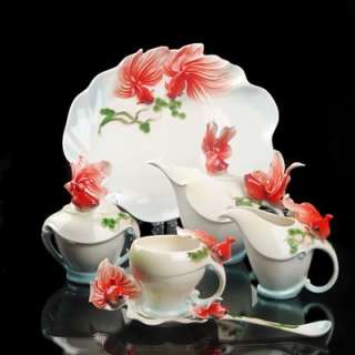 16PC Goldfish Ceramic Coffee Set Pot/Platter/Creamer/Sugar Bowl/Cup 