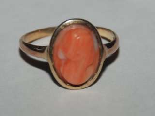 Antique Victorian Angel Skin Coral Cameo Ring 10K Gold  