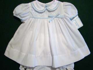   EMBROIDERED PREEMIE/NEWBORN 2PC PINK/BLUE GINGHAM TRIMMED WHITE DRESS