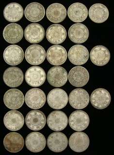 Lot of 31 Silver 50 Sen Japanese Coins   1922 to 1936 Taisho and Showa 