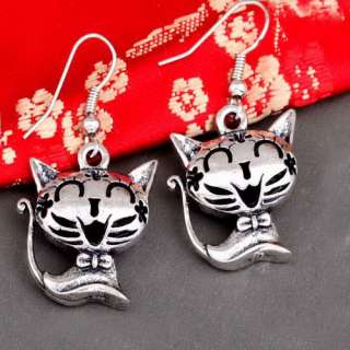 new tibetan silver lovely cat bead head dangle earrings  
