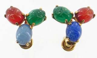   FILLED CARVED THREE SCARAB SCREW BACK EARRINGS GREEN BLUE AGATE  