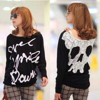 Girls Skull Letter Printing T shirt Womens Clothes Sleeved Lace Both 