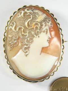 ANTIQUE 9K GOLD CARVED NATURAL SHELL CAMEO PIN BROOCH MAIDEN GODDESS 