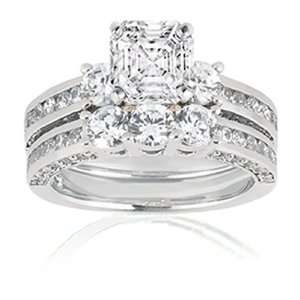 15 Ct Asscher Cut 3 Stone Diamond Engagement Wedding Rings Set 14K 