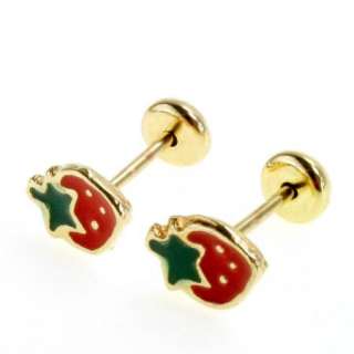 Gold 18k GF Earrings Small Red Strawberry Kids Baby Girl High Security 