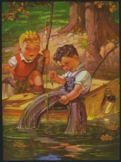 SUPER Lot 3 Orig Litho Prints 1930s Boys FISHING Signed  