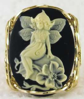 R381 Flower Fairy Cameo Ring 14k Gold gf Black  