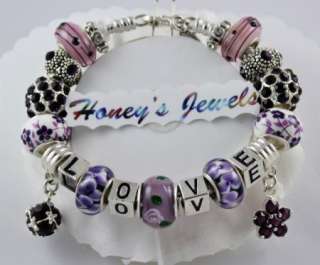 New 100% Authentic Pandora Bracelet w/19 Beads Charms Dark Purple 
