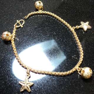 BALL * STAR FISH CHARMS REAL 24K GOLD PLATED BRACELET   6 1/2 LONG