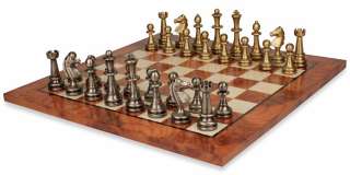 Large Staunton Brass Chess Set & Elm Burl Chess Board Package  