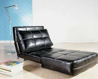   Modern Faux Black Leather Convertible Chair Bed w/ Steel Legs  