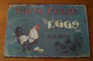 Country Blue Primitive FRESH EGGS Farm Rooster Chicken Vintage Kitchen 
