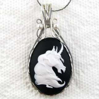 White Unicorn Cameo Pendant Sterling Silver Artistic Jewelry  