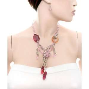 Pink Stones & Flower Shaped Crystals Fashion Necklace Set 