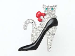 Black Enamel Cat in High Heel Shoe Rhinestone Crystal Brooch Pin VB670 