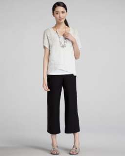 Sheer Knit Sweater & Washable Crepe Cropped Pants, Womens