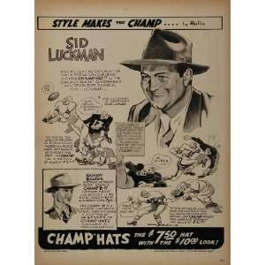 1947 Ad Champ Hats Sid Luckman Chicago Bears Football   Original Print 