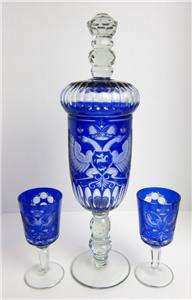 SUPERB Bohemian Glass Goblets RUSSIAN EAGLE ENGRAVED COBALT CUT TO 