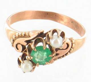 ANTIQUE 14K ROSE GOLD .32CT EMERALD & TWO PEARLS RING Size 6 DARLING 