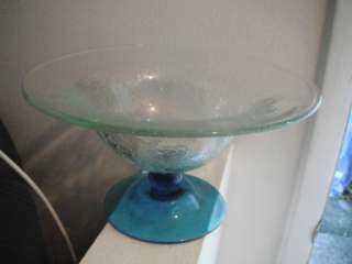 Blenko Light Green Glass Bowl Blue Pedestal  