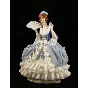  German Dresden Lace Figurine Lady w/ Fan 6.5 H