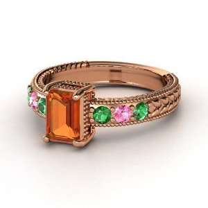   Emerald Cut Fire Opal 14K Rose Gold Ring with Emerald & Pink Sapphire