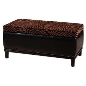   Plush Brown and Black Storage Bench with Faux Leather
