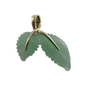  Light Green Jade Twin Leaf Pendant, 14k Gold Jewelry