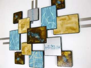 NEW MODERN ABSTRACT SQUARES WOOD & METAL WALL SCULPTURE  